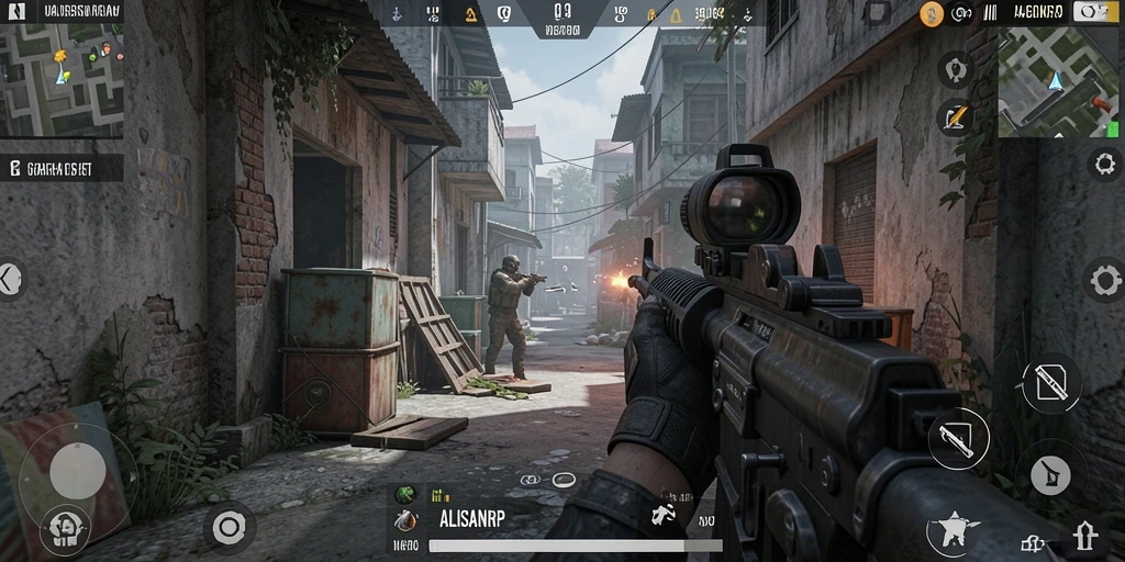 Tangkapan layar gameplay <strong>ALISANRP</strong> menunjukkan aksi tembak-menembak yang intens.