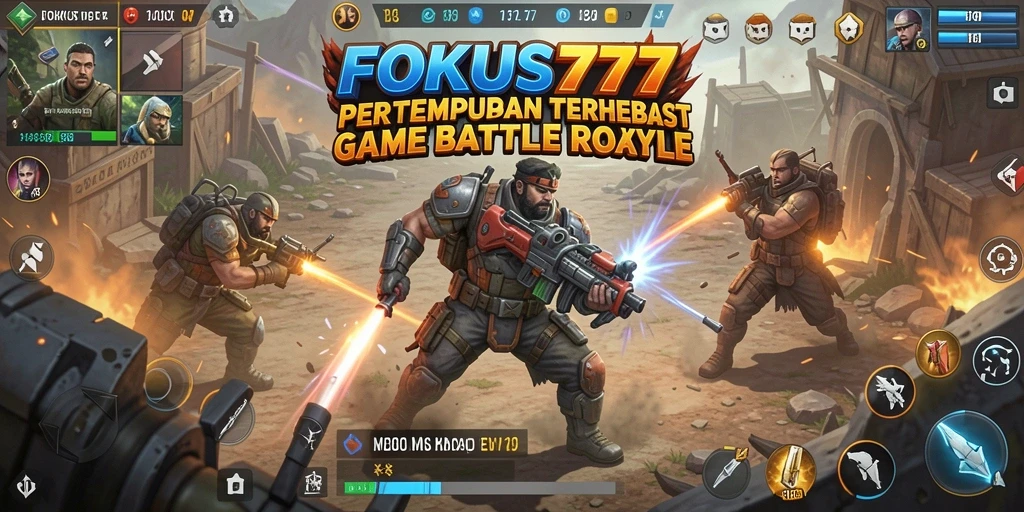 Screenshot utama FOKUS777 menampilkan aksi pertempuran seru dalam Battle Royale.