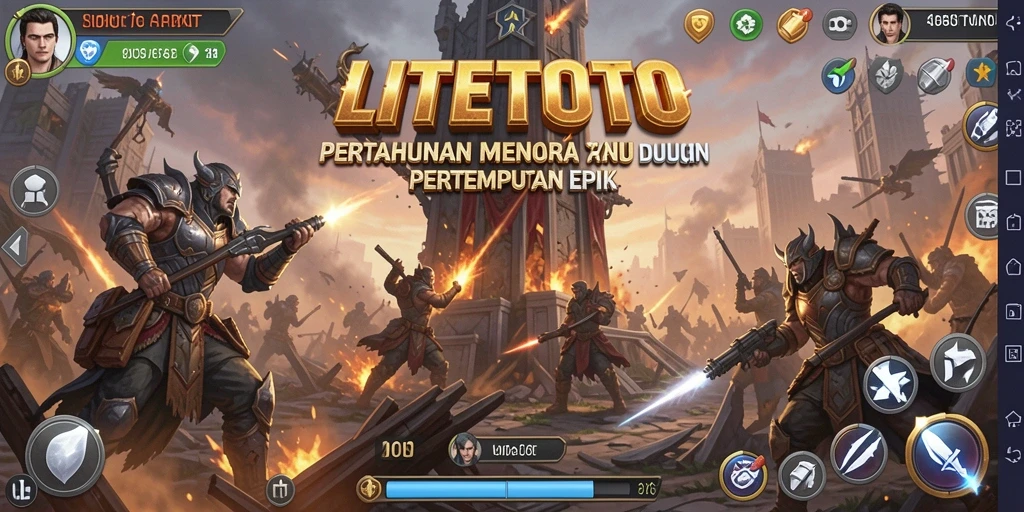 Tampilan layar permainan LITETOTO dengan menara yang menakjubkan dan musuh yang menyerang.