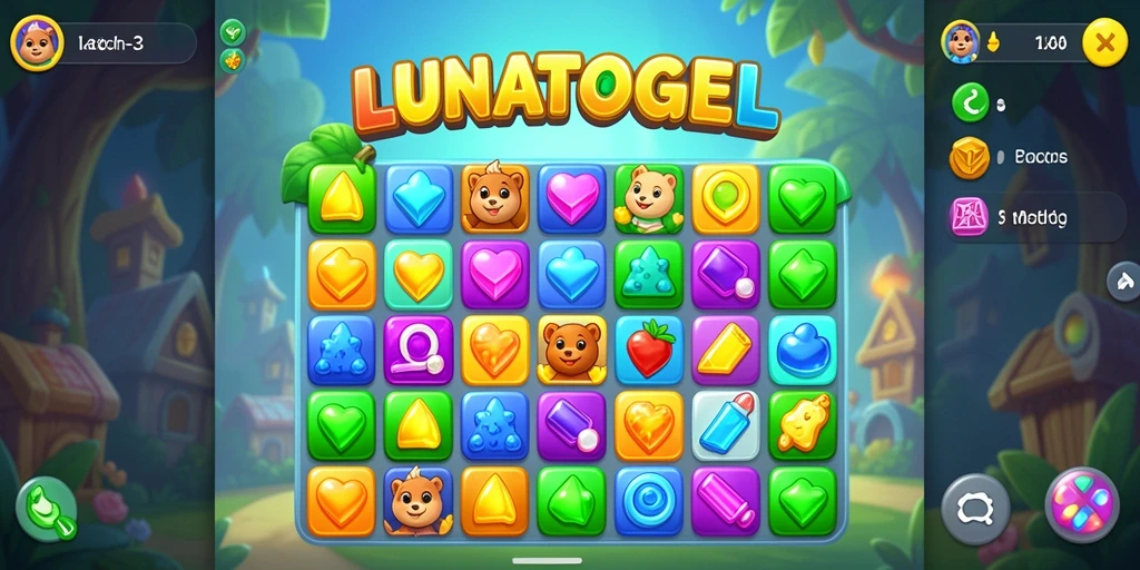Screenshot LUNATOGEL menampilkan gameplay Match-3 yang seru dan penuh warna.