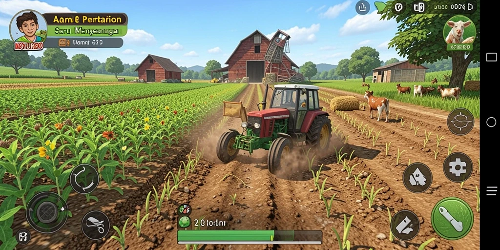 Tangkapan layar gameplay N9TURBO menunjukkan proses bertani yang seru dan interaktif.